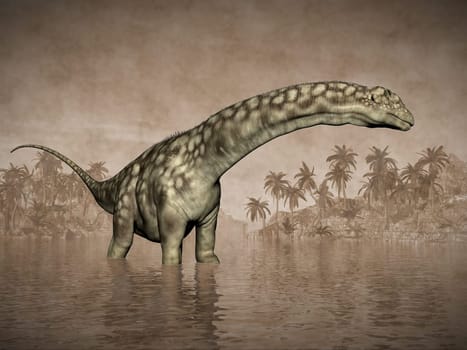 Argentinosaurus dinosaur in water next to islands with palm trees by beautiful day - 3D render