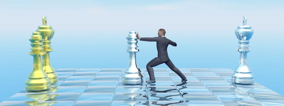 Businessman strategy on chessboard pushing the queen - 3D render