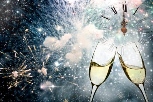 Glasses with champagne against fireworks and clock close to midnight