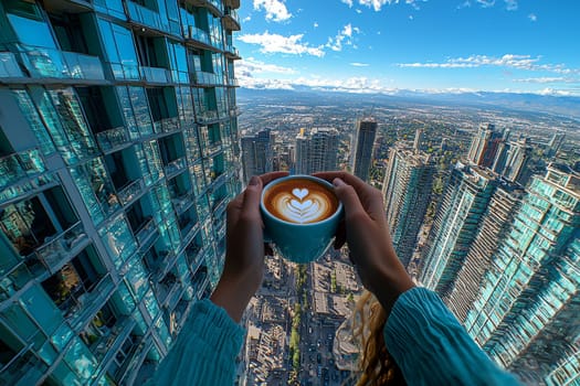 Barista enjoys a beautifully crafted cup of latte art while standing on a balcony overlooking a sprawling cityscape on a sunny day.