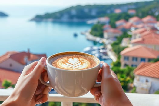 Two hands hold a white cup of latte art while overlooking a beautiful coastal village by the sea in bright daylight.