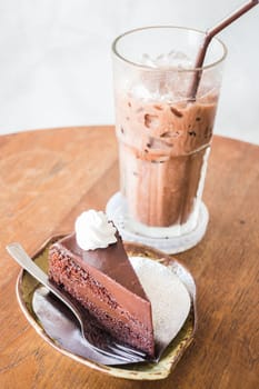 Delicious chocolate cake and iced drink, stock photo