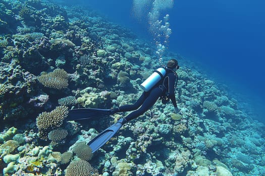 A diver glides through a colorful coral reef, surrounded by marine life and bubbles, under bright sunlight in clear water.