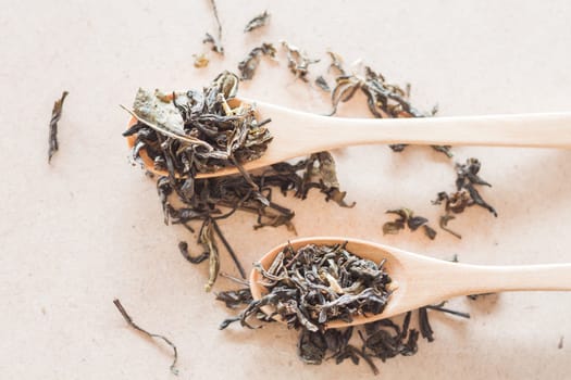 Top view of Oolong tea in wooden spoons, stock photo