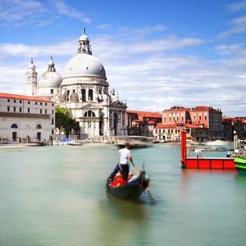 Gondola on Canal Grande with Basilica di Santa Maria della Salute in the background, Venice, Italy