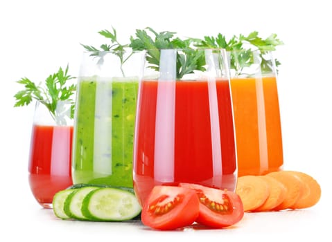 Glasses with fresh vegetable juices isolated on white. Detox diet.