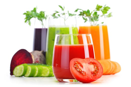 Glasses with fresh vegetable juices isolated on white. Detox diet.