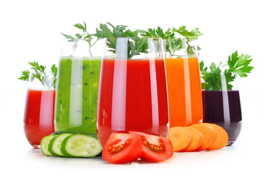 Glasses with fresh vegetable juices isolated on white. Detox diet.