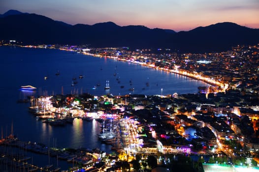 View of Marmaris harbor on Turkish Riviera by night
