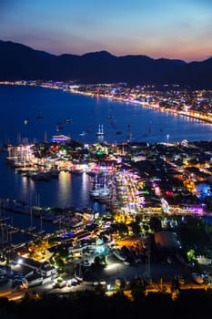 View of Marmaris harbor on Turkish Riviera by night