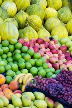 Variety of fresh organic fruits on the street stall