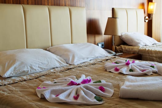 Double bed in hotel room. Accommodation