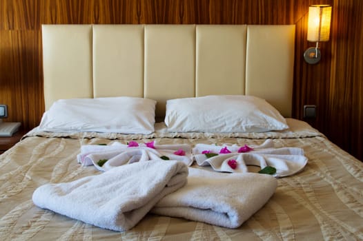 Double bed in hotel room. Accommodation