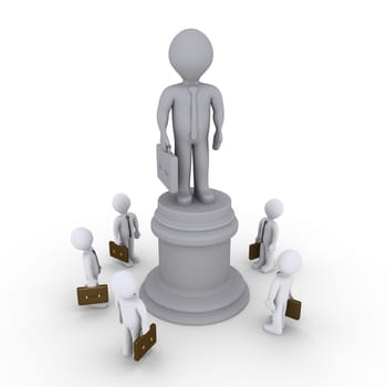 3d businessmen are looking with admiration at a big statue of a businessman