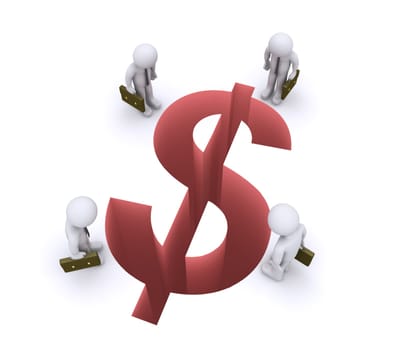 3d businessmen are looking down at a dollar shaped gap