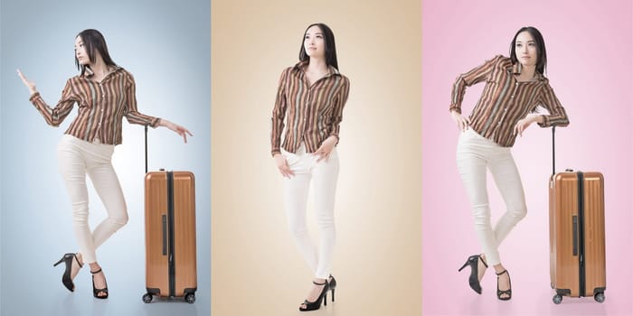 Travel concept with Asian beauty with a luggage in a set.