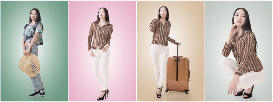 Travel concept with Asian beauty with a luggage in a set.