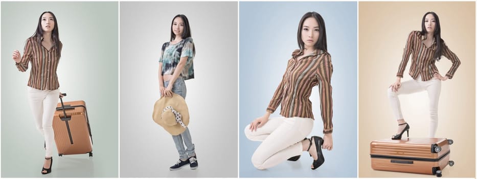 Travel concept with Asian beauty with a luggage in a set.