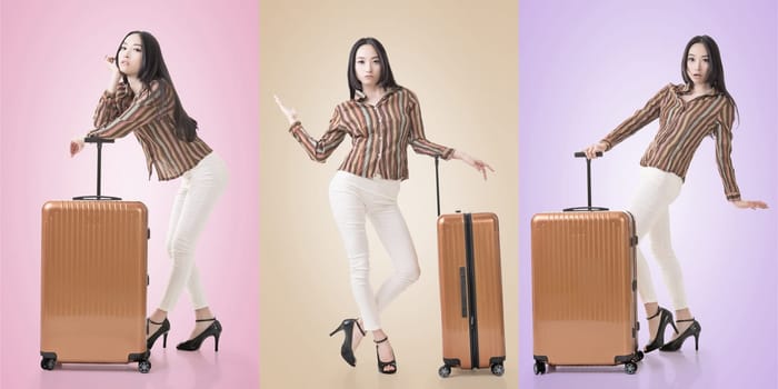 Travel concept with Asian beauty with a luggage in a set.