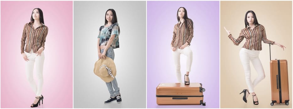 Travel concept with Asian beauty with a luggage in a set.