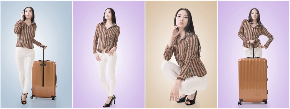 Travel concept with Asian beauty with a luggage in a set.
