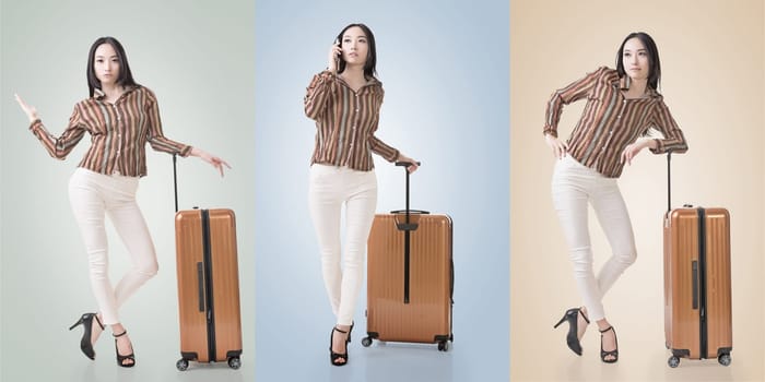 Travel concept with Asian beauty with a luggage in a set.