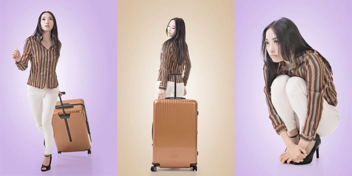 Travel concept with Asian beauty with a luggage in a set.