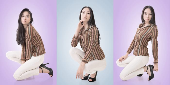 Travel concept with Asian beauty with a luggage in a set.