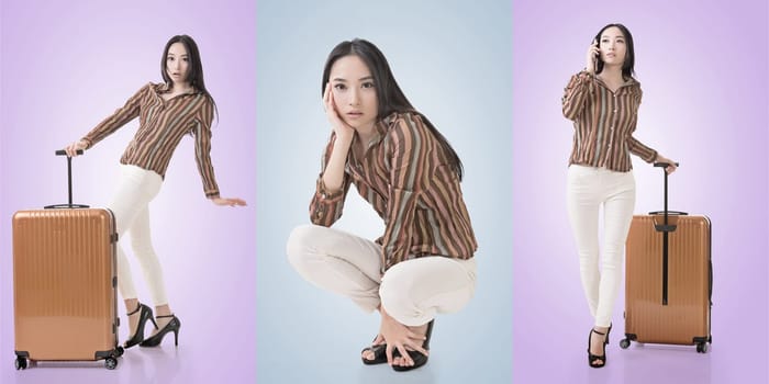 Travel concept with Asian beauty with a luggage in a set.