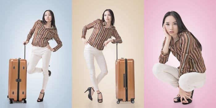 Travel concept with Asian beauty with a luggage in a set.