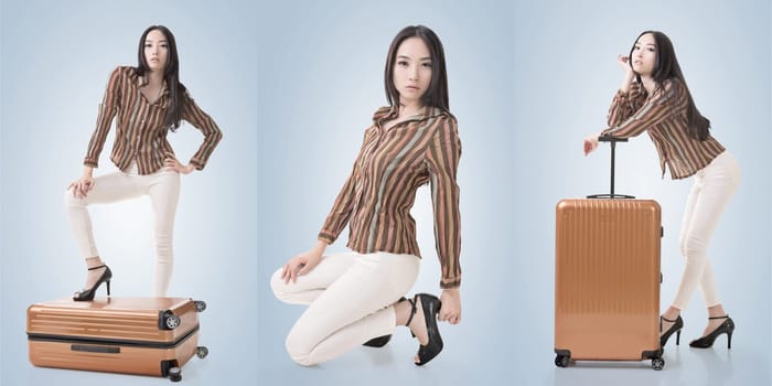 Travel concept with Asian beauty with a luggage in a set.