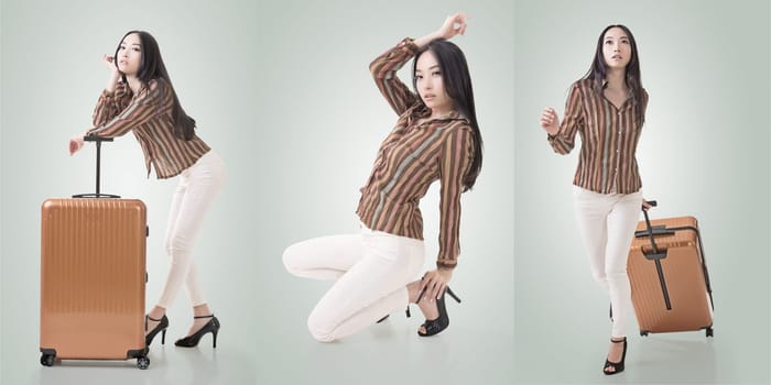Travel concept with Asian beauty with a luggage in a set.