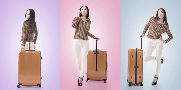 Travel concept with Asian beauty with a luggage in a set.