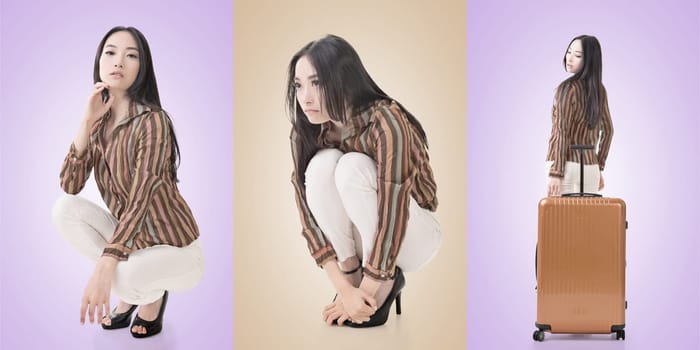 Travel concept with Asian beauty with a luggage in a set.