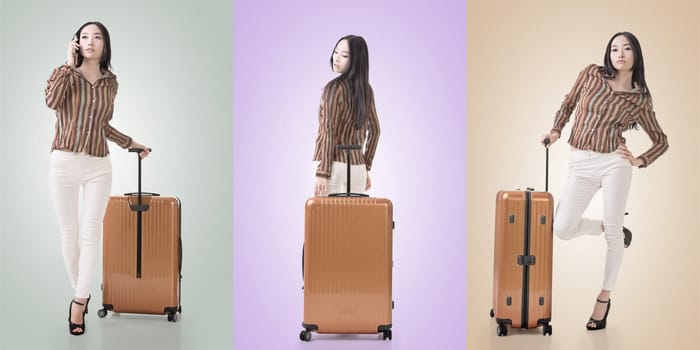 Travel concept with Asian beauty with a luggage in a set.