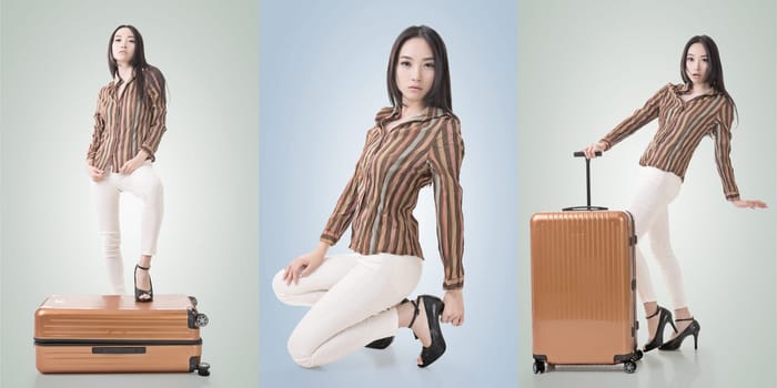Travel concept with Asian beauty with a luggage in a set.