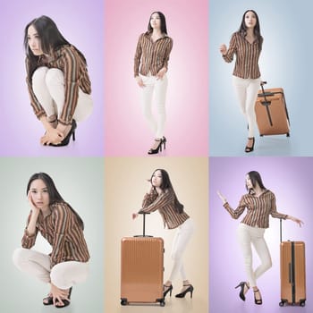 Travel concept with Asian beauty with a luggage in a set.