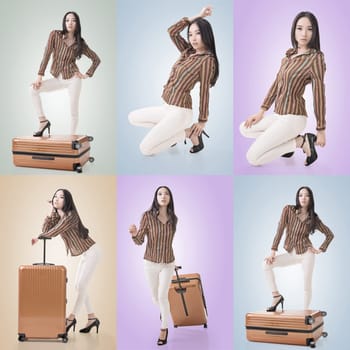 Travel concept with Asian beauty with a luggage in a set.