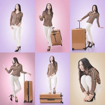 Travel concept with Asian beauty with a luggage in a set.