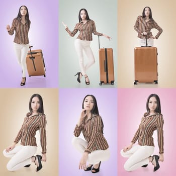 Travel concept with Asian beauty with a luggage in a set.