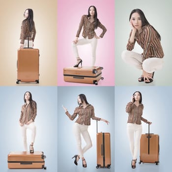 Travel concept with Asian beauty with a luggage in a set.