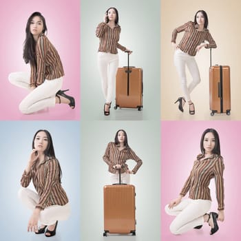 Travel concept with Asian beauty with a luggage in a set.