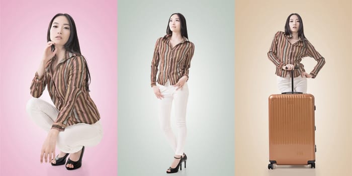 Travel concept with Asian beauty with a luggage in a set.