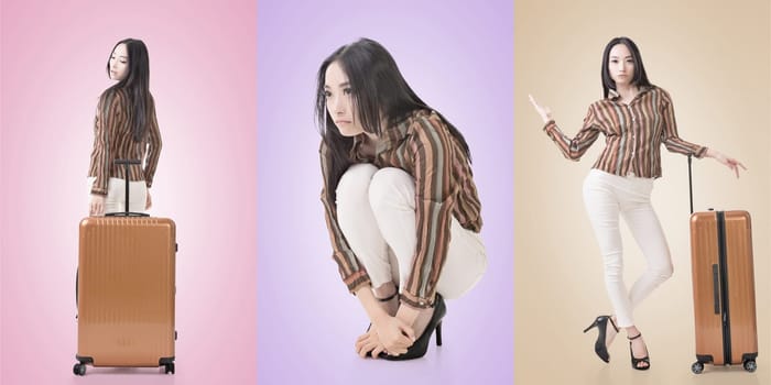 Travel concept with Asian beauty with a luggage in a set.