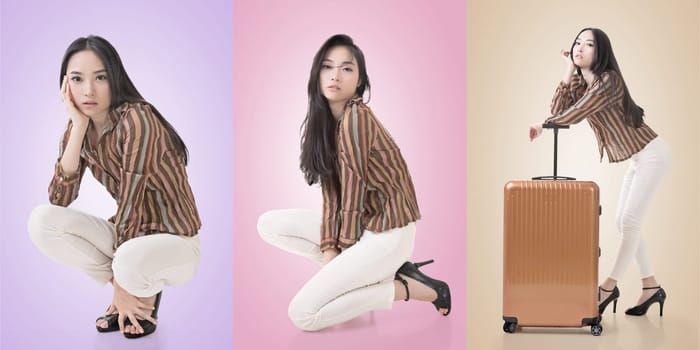 Travel concept with Asian beauty with a luggage in a set.