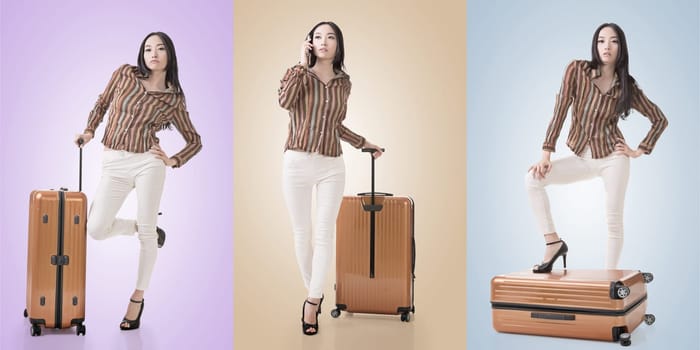 Travel concept with Asian beauty with a luggage in a set.