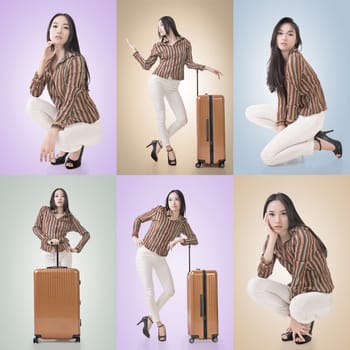 Travel concept with Asian beauty with a luggage in a set.