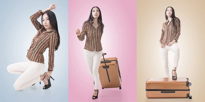Travel concept with Asian beauty with a luggage in a set.
