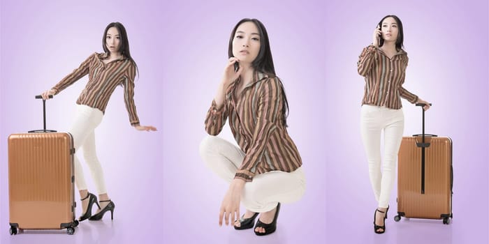 Travel concept with Asian beauty with a luggage in a set.