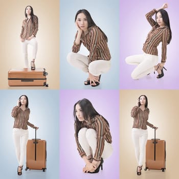 Travel concept with Asian beauty with a luggage in a set.